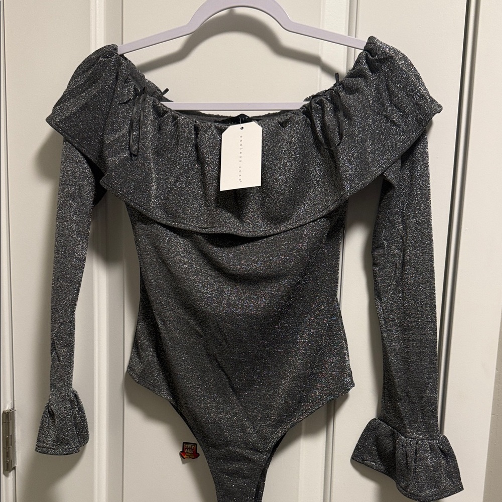 Endless Rose Shimmering Silver Off-Shoulder Bodysuit